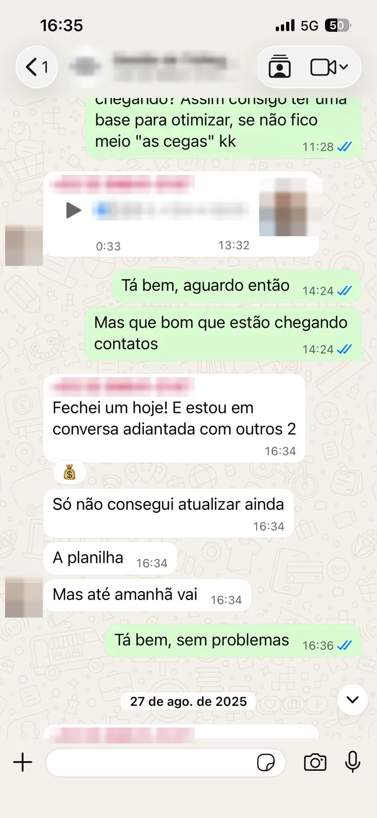 Conversa de WhatsApp com cliente relatando fechamento no mesmo dia